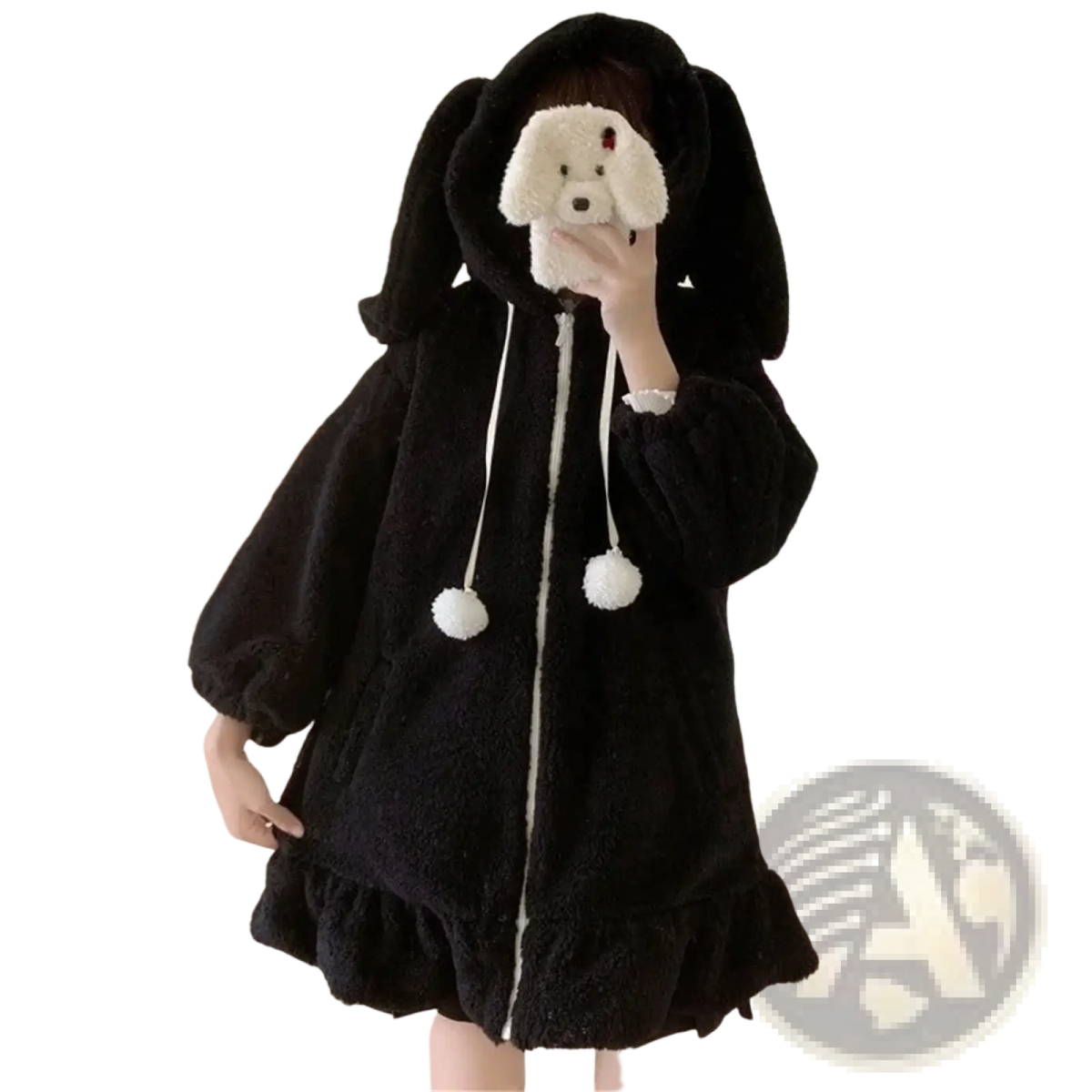 Black fluffy bunny ear zip up hoodie with white pom-pom drawstrings and ruffled hem in soft plush material