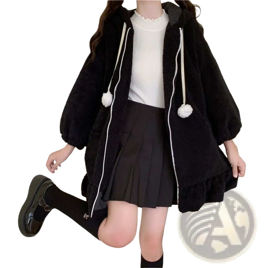 Black fluffy zip up hoodie with bunny ear hood, white drawstrings, and pom-poms in a kawaii style