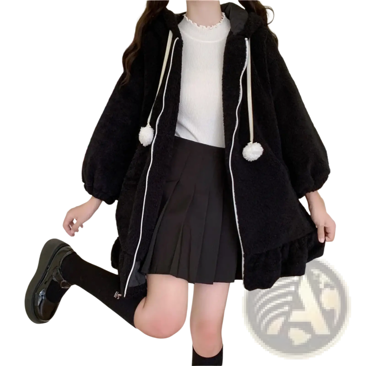 Black fluffy zip up hoodie with bunny ear hood, white drawstrings, and pom-poms in a kawaii style
