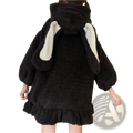 Black fuzzy zip up hoodie with white-lined bunny ear hood and ruffled hem fluffy bunny ear kawaii style