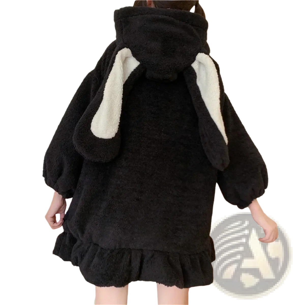 Black fuzzy zip up hoodie with white-lined bunny ear hood and ruffled hem fluffy bunny ear kawaii style