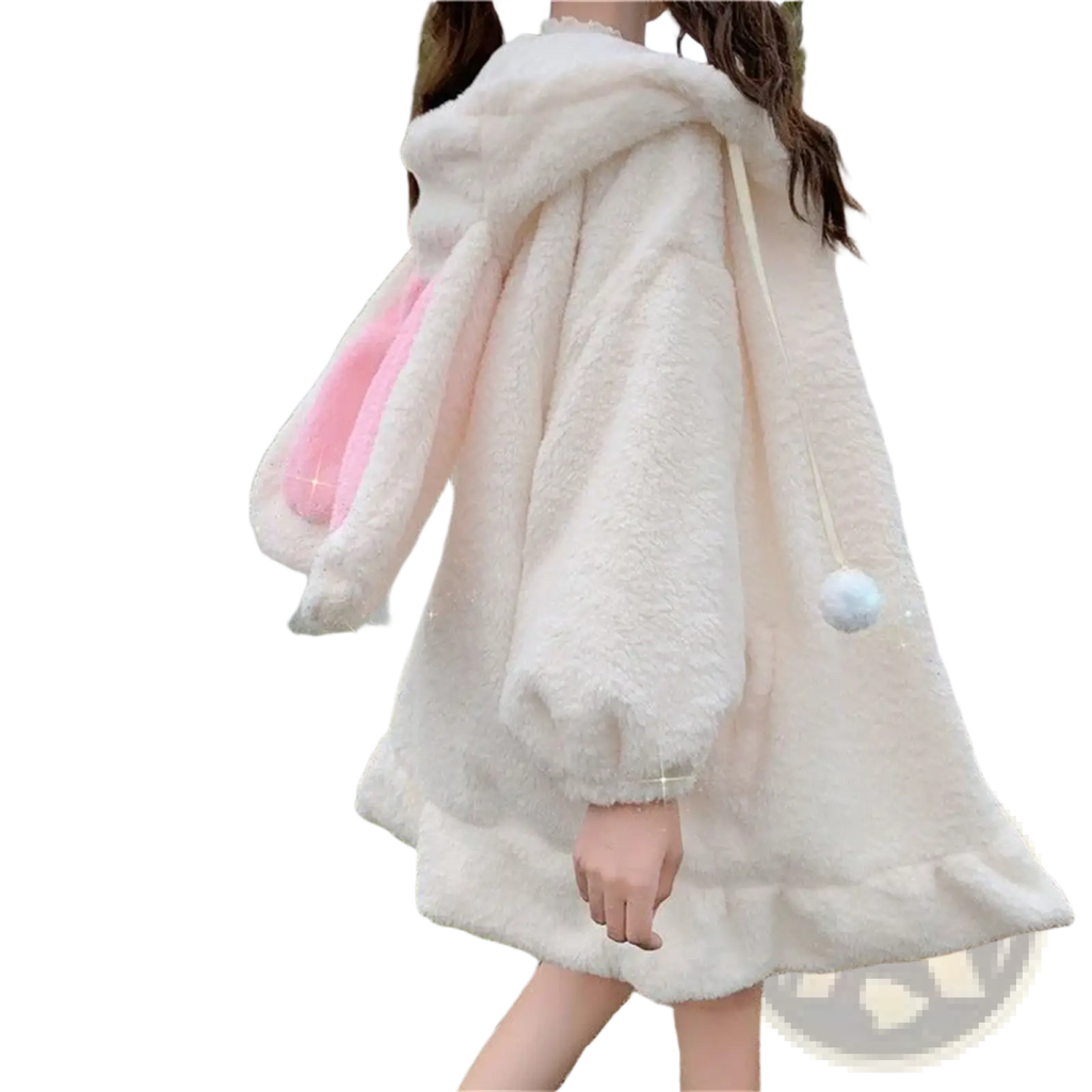 Off-white fluffy bunny ear kawaii zip up hoodie with pink inner lining and white pom-pom tassel made of soft fabric