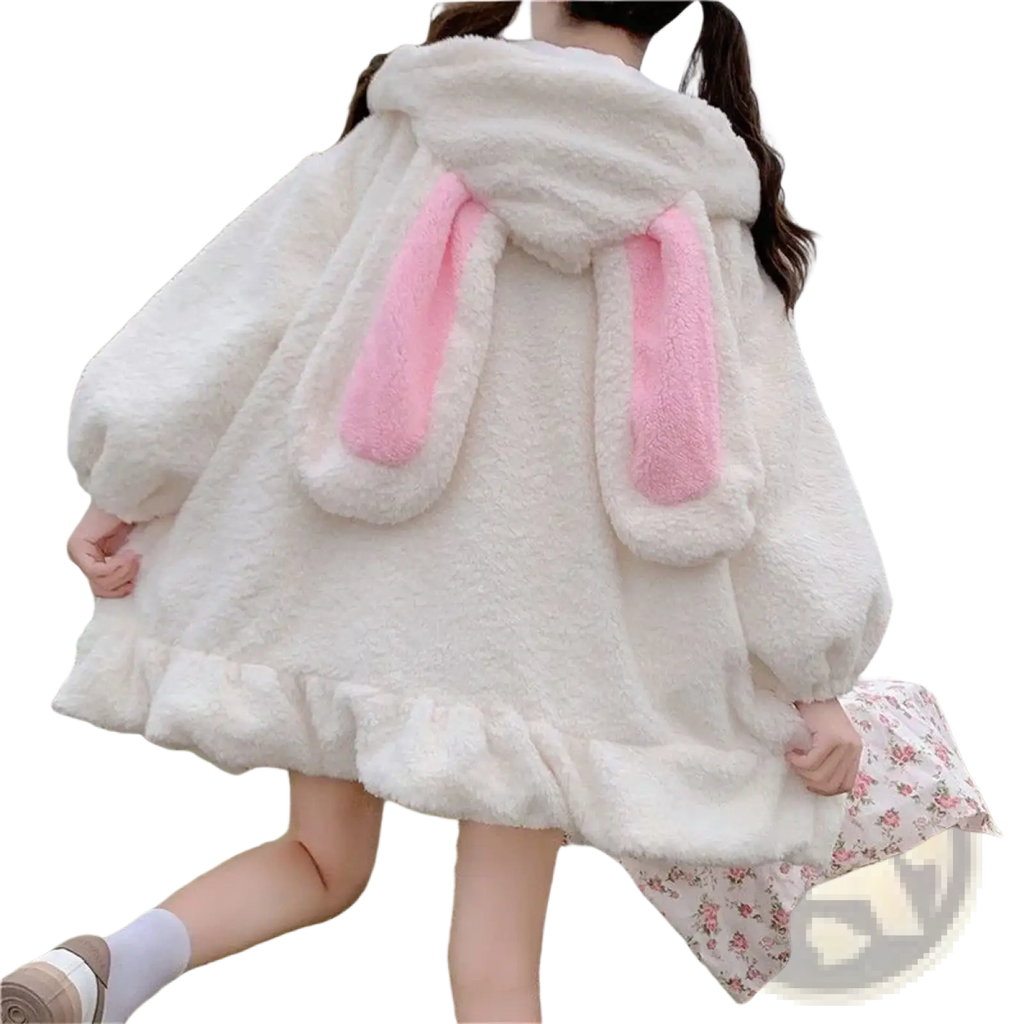 White fluffy zip up hoodie with bunny ears and pink inner ear lining in kawaii style for casual wear