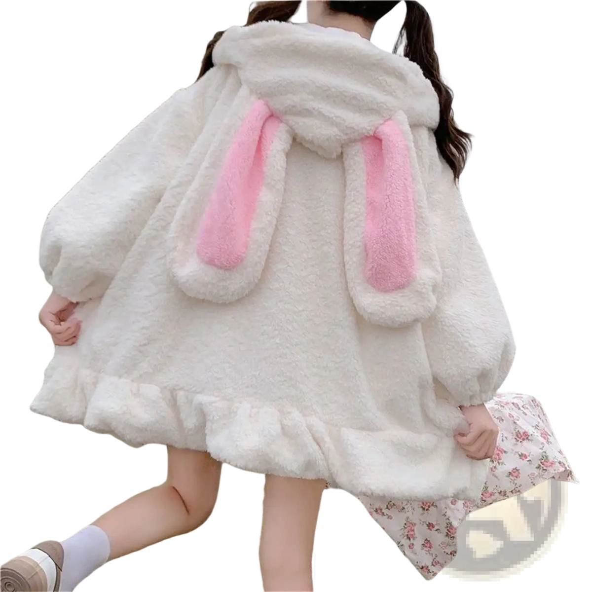 White fluffy zip up hoodie with bunny ears and pink inner ear lining in kawaii style for casual wear