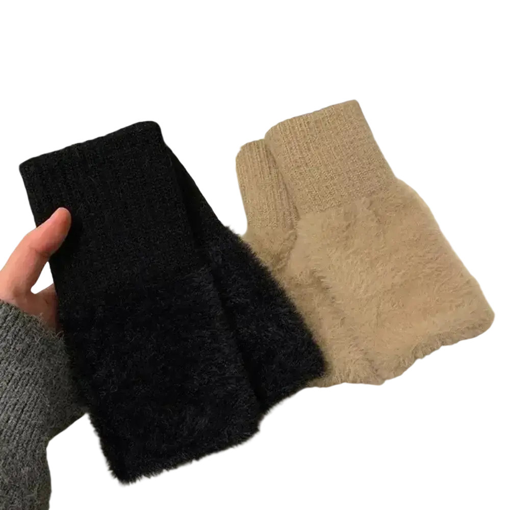 Black and beige fluffy fingerless knit gloves made of fuzzy knit material for cozy wear