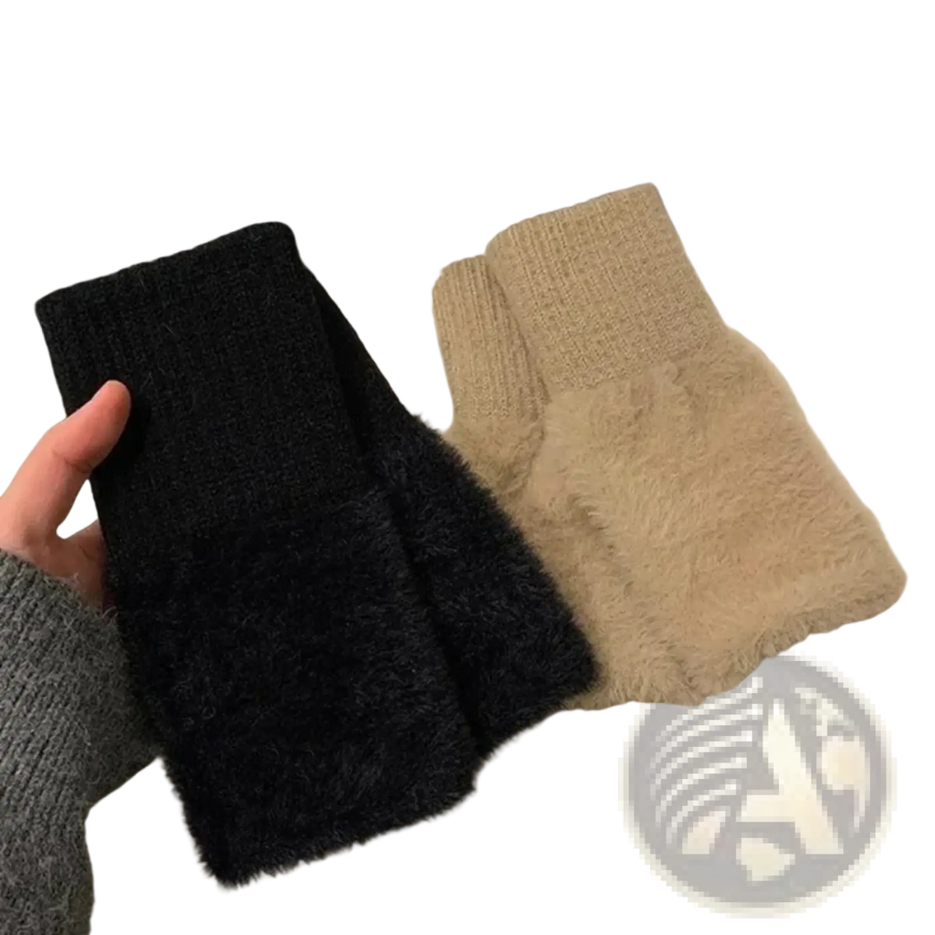 Black and beige fluffy fingerless knit gloves with ribbed cuffs made of fuzzy yarn for wrist warmth