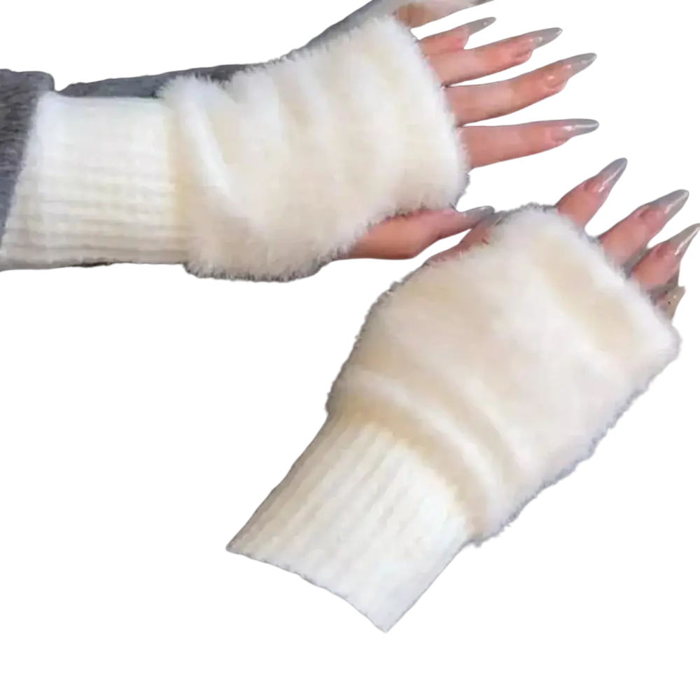 Cream-colored fluffy fingerless knit gloves with ribbed knit cuff for warmth and comfort in cool weather