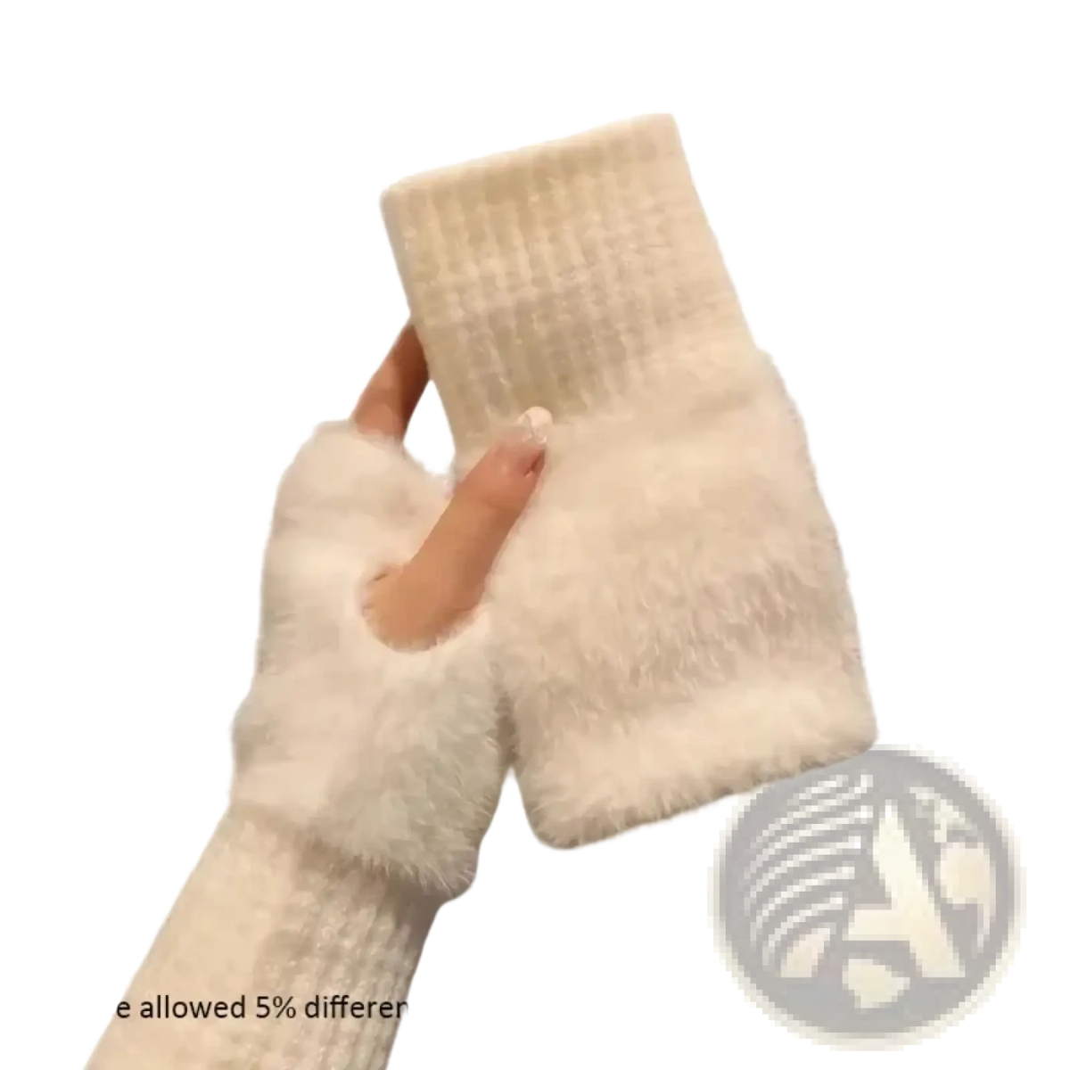 Cream-colored fuzzy knit fingerless gloves with ribbed cuff and textured pattern showing the back side