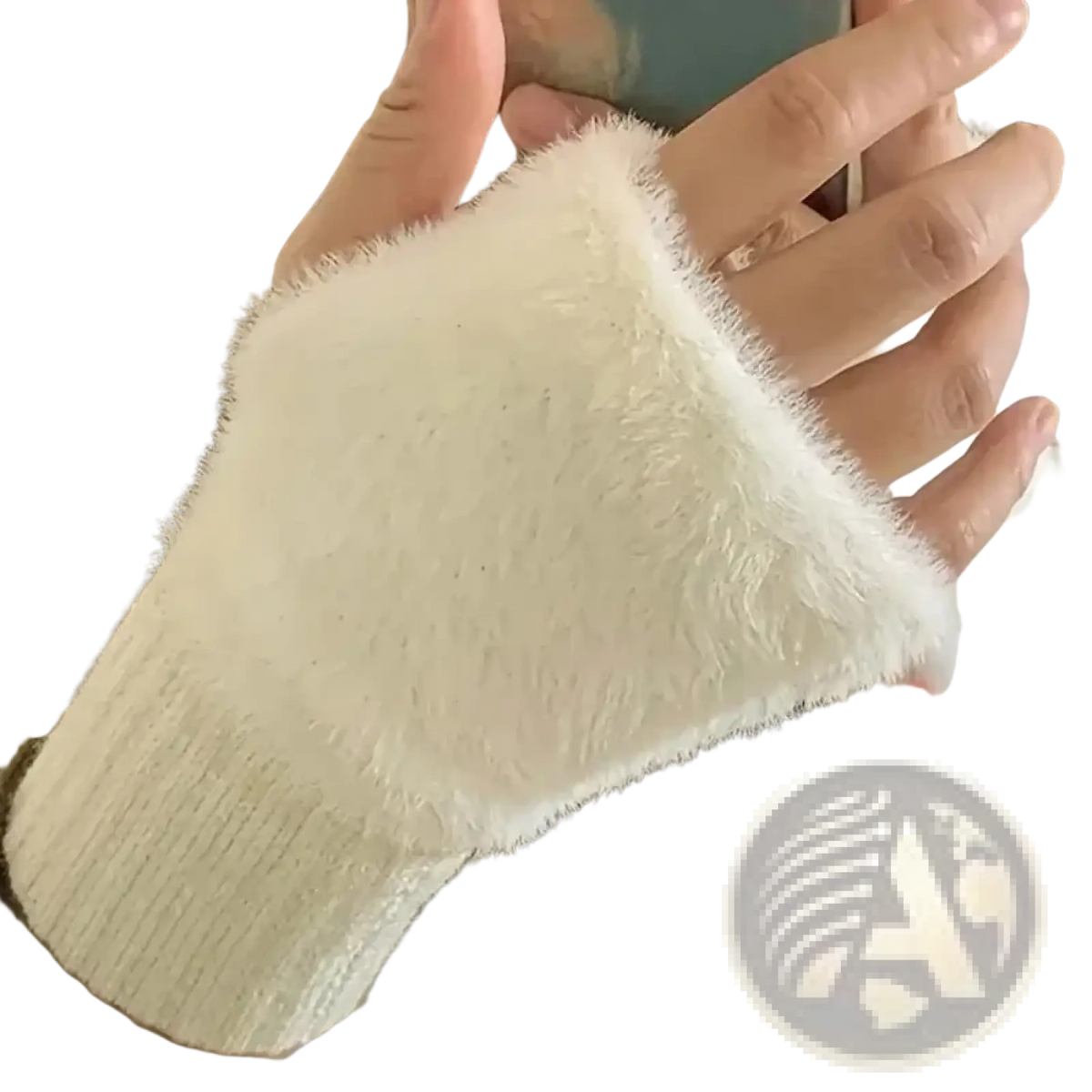 White fluffy fingerless knit gloves cream with soft plush interior and ribbed cuffs for warmth and comfort