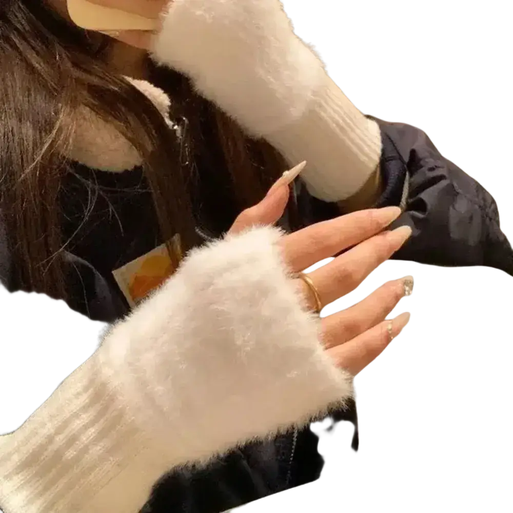 Fluffy fingerless knit gloves in cream with white fuzzy texture and ribbed knit cuff for comfortable wear