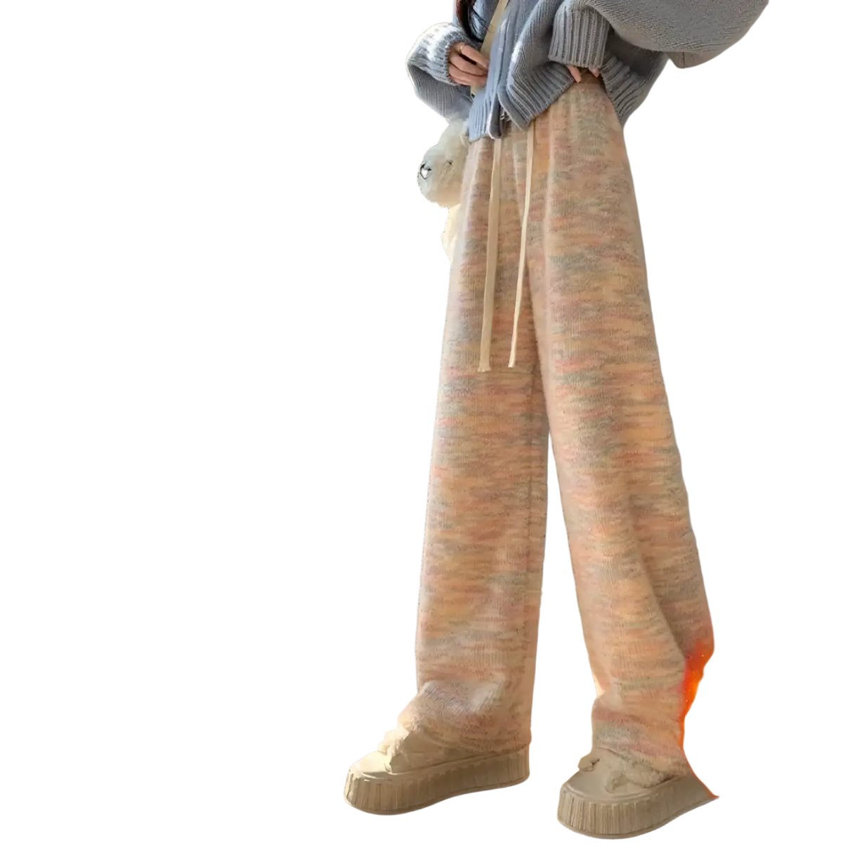 Fluffy high waist knit wide leg pants in soft pastel rainbow hues with a cozy fluffy texture and drawstring waistband