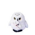 Fluffy white owl plush toy keychain with yellow eyes black beak holding a small embroidered letter