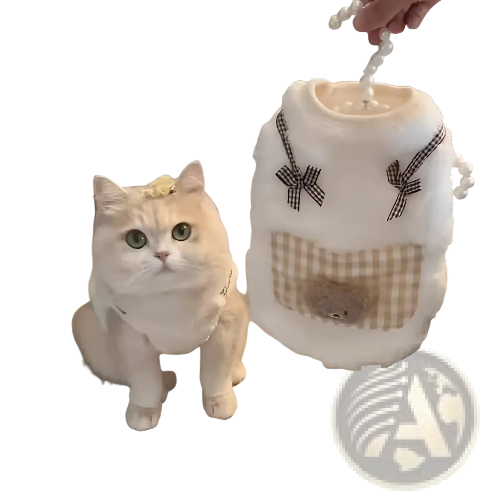White fluffy winter cat vest with black and white checkered bows, beige gingham bear patch, and pearl neckline embellishments