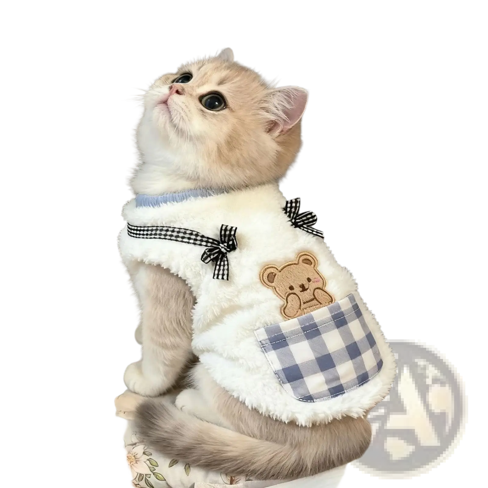 Fluffy white winter cat vest with blue and white checkered pocket black-and-white gingham bows and brown teddy bear patch
