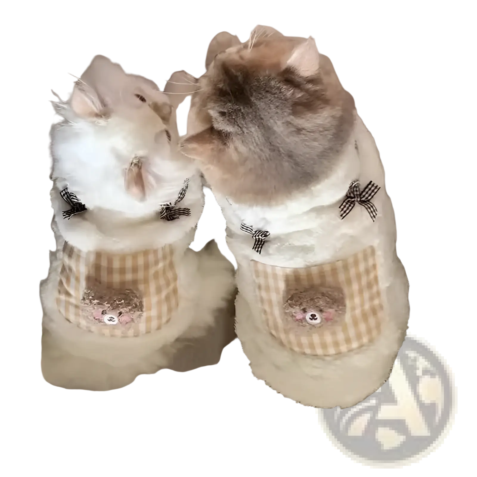 Two fluffy cats wearing matching white and beige plaid fluffy winter cat vests with black bow and bear pocket details