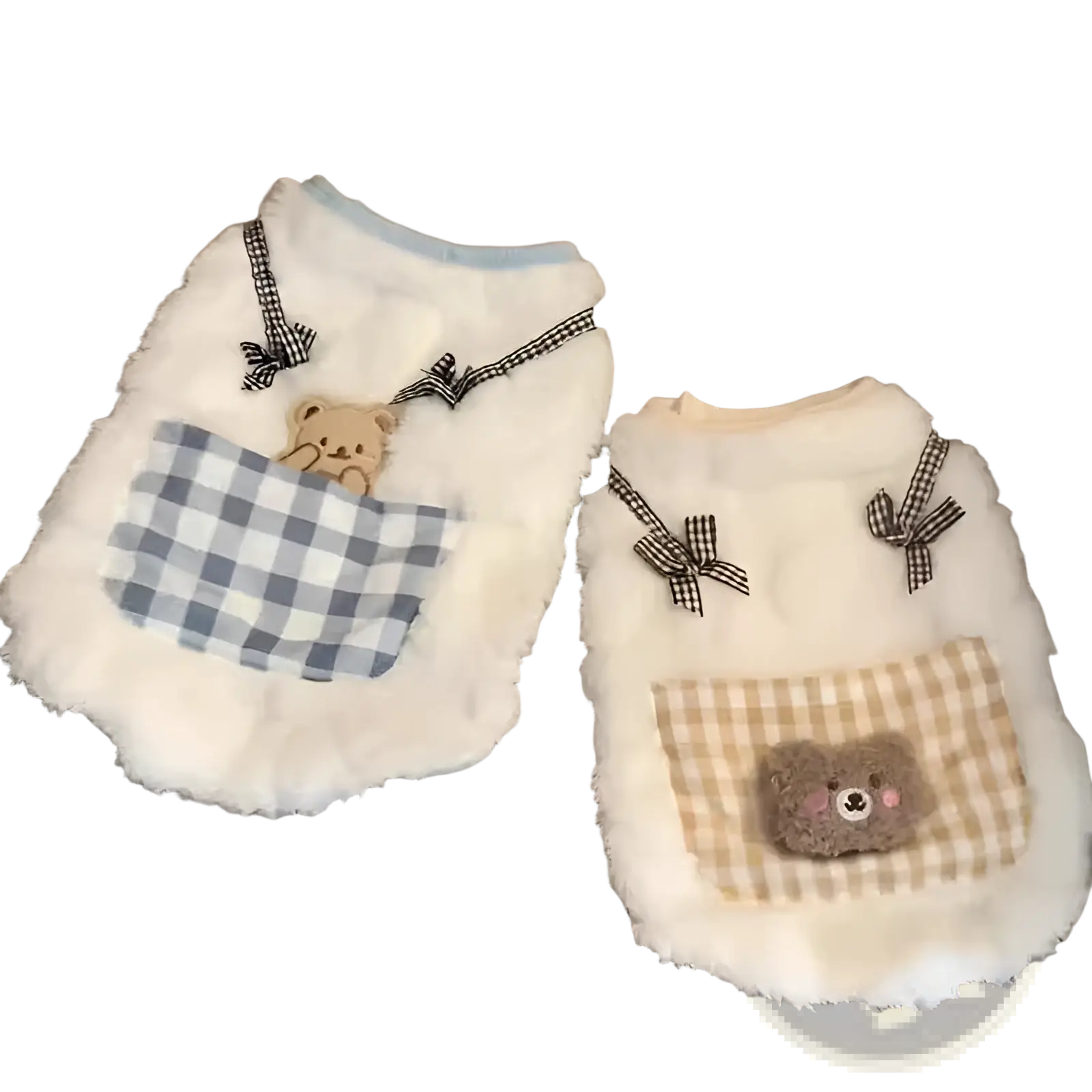 White fluffy winter cat vest with blue and white checkered pocket and tan bear appliqué with gingham ribbon ties