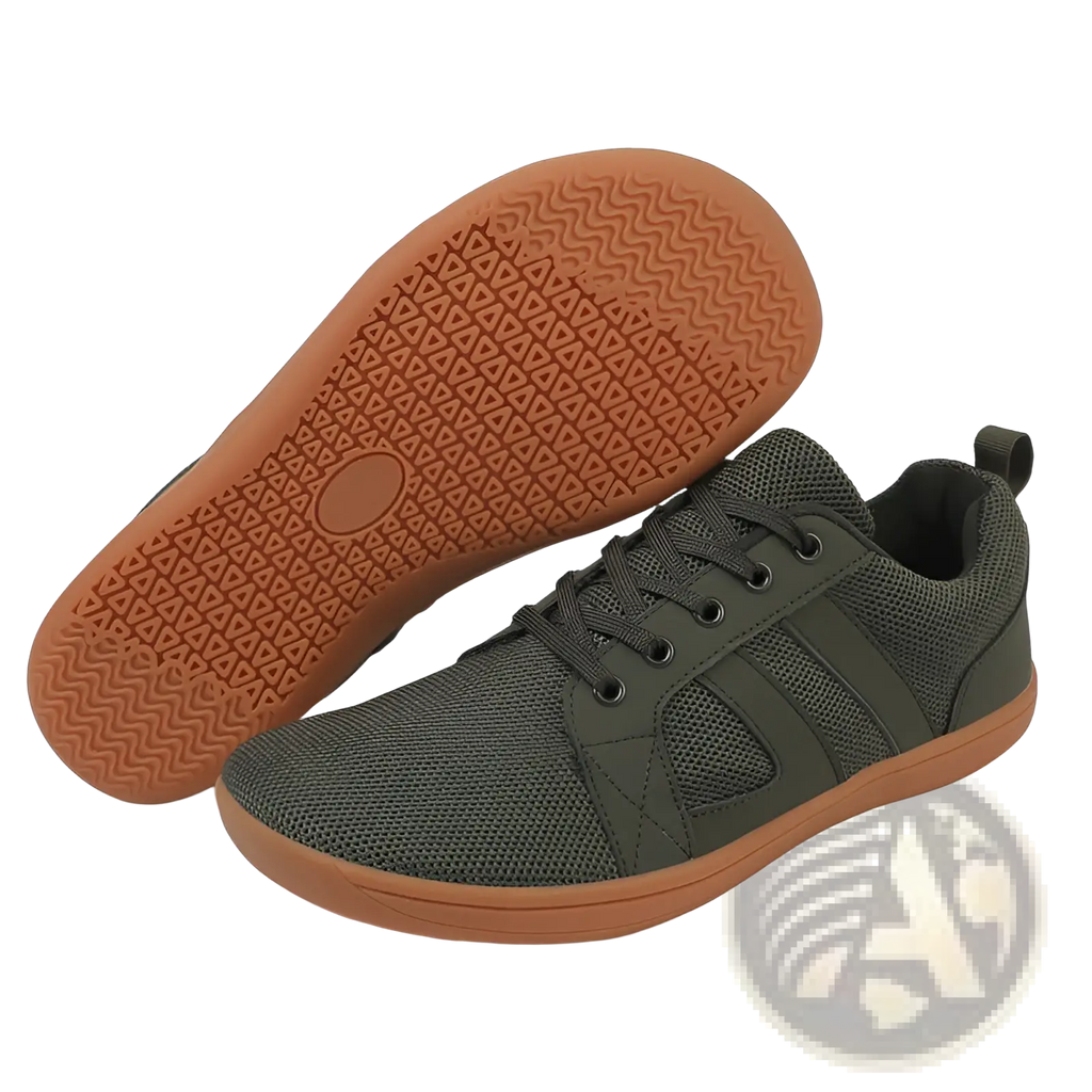 Dark olive green fly-knit wide last sneakers with breathable mesh, tan rubber sole, and black laces for comfort