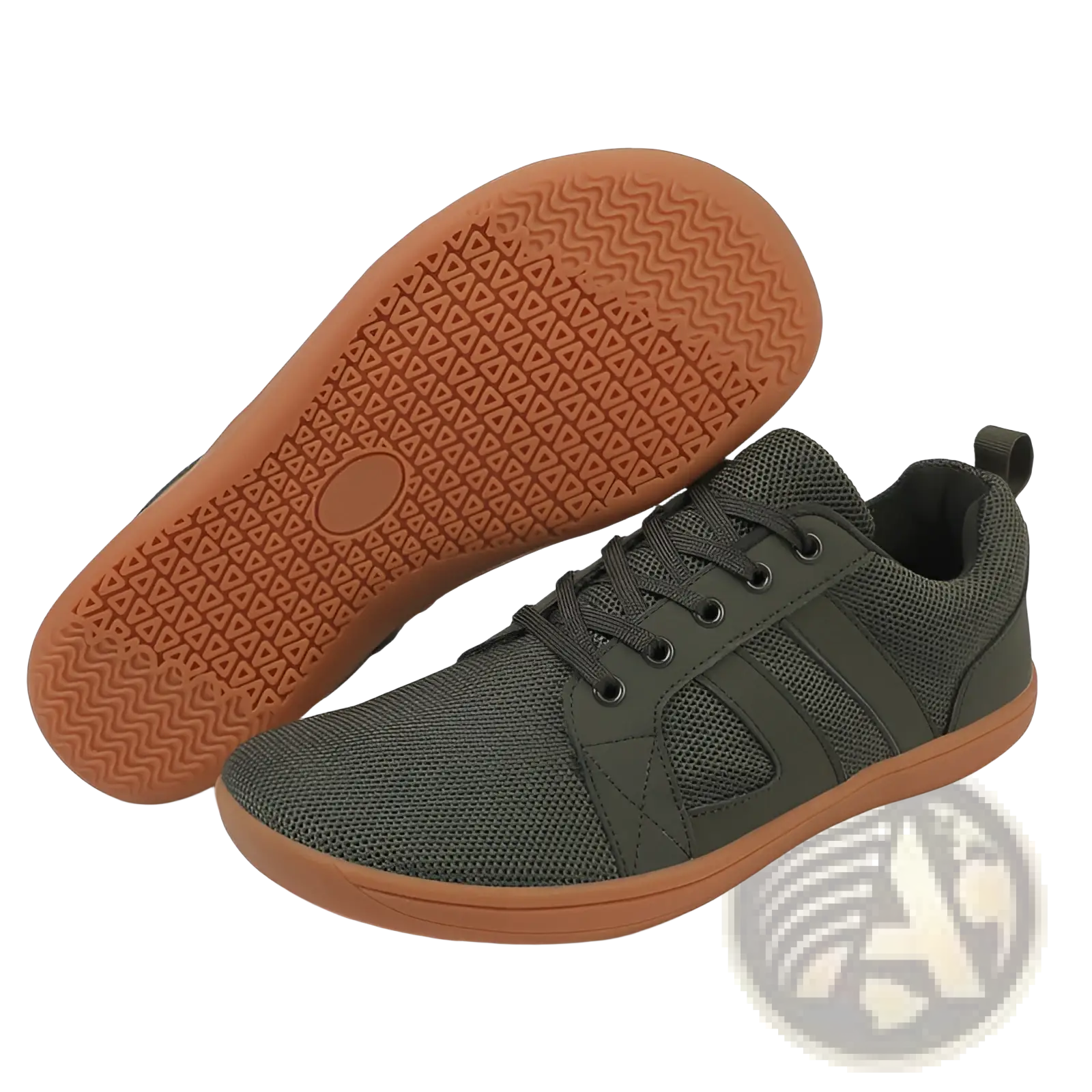 Dark olive green fly-knit wide last sneakers with breathable mesh, tan rubber sole, and black laces for comfort