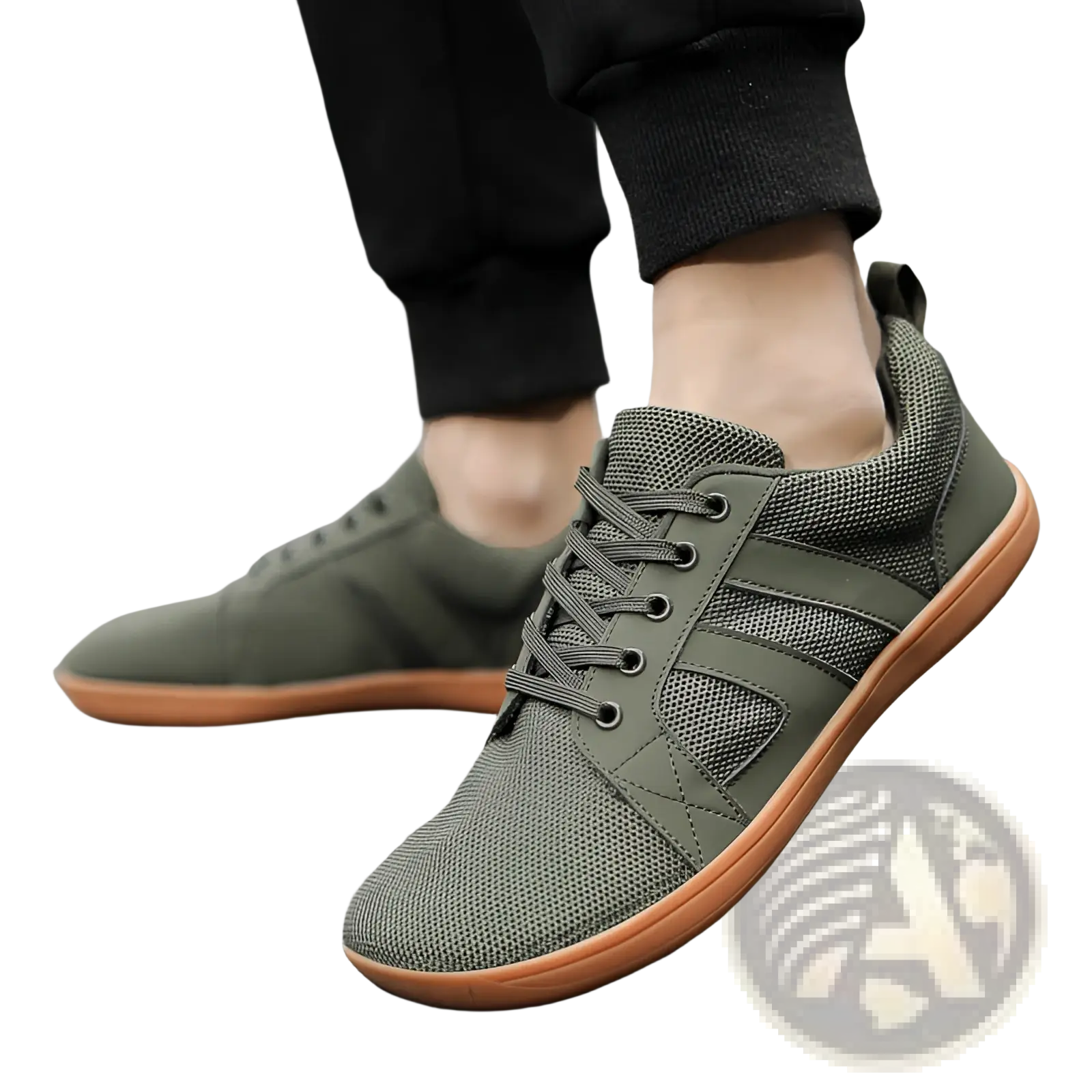 Olive green fly-knit wide last breathable mesh sneakers with tan rubber soles and black laces for everyday wear