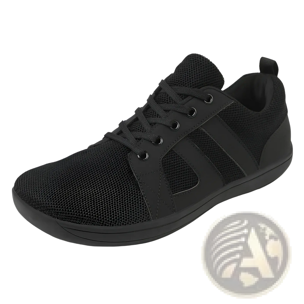 Black fly-knit wide last sneaker with breathable mesh material and subtle side stripes in sleek minimalist design