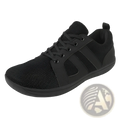 Black fly-knit wide last sneaker with breathable mesh material and subtle side stripes in sleek minimalist design
