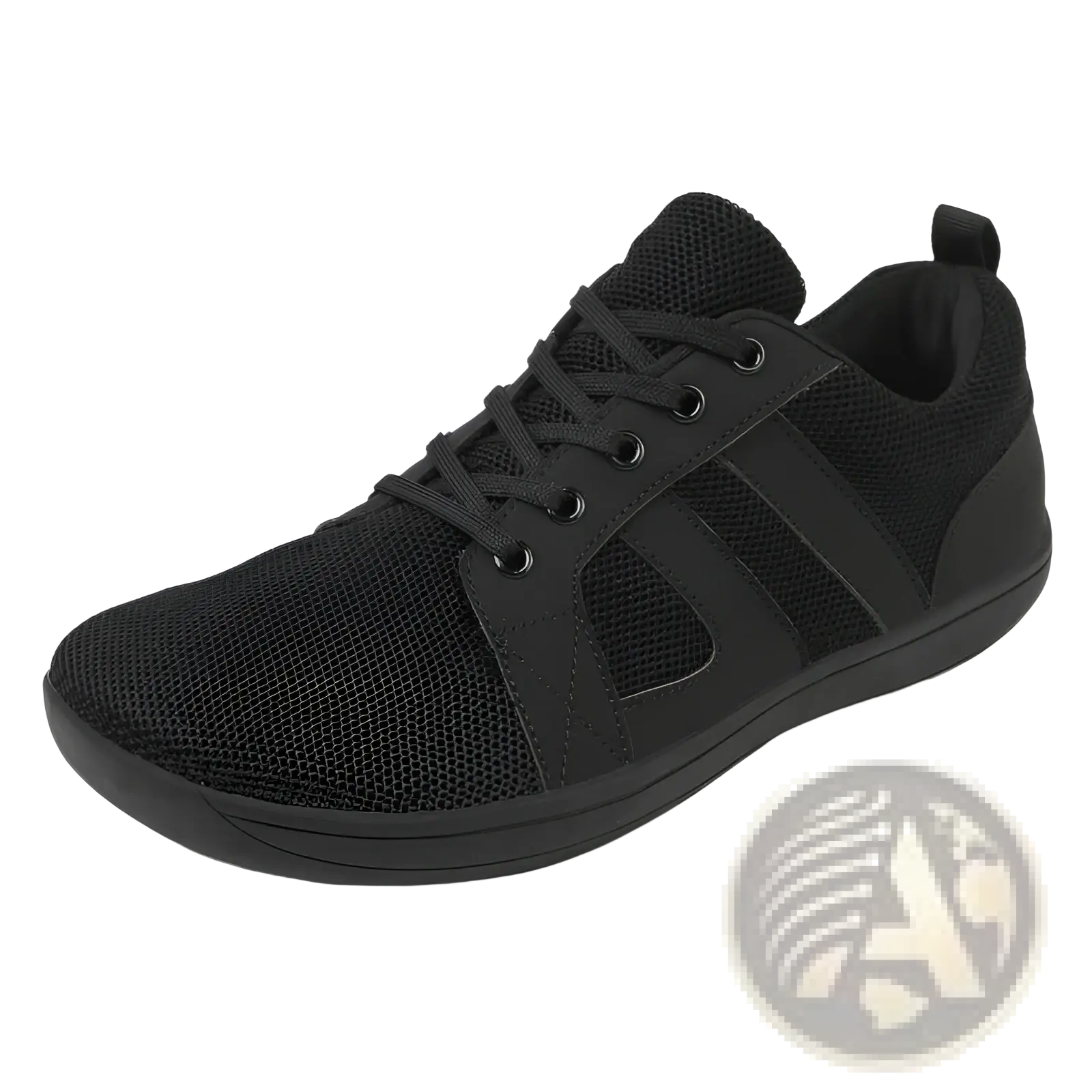 Black fly-knit wide last sneaker with breathable mesh material and subtle side stripes in sleek minimalist design