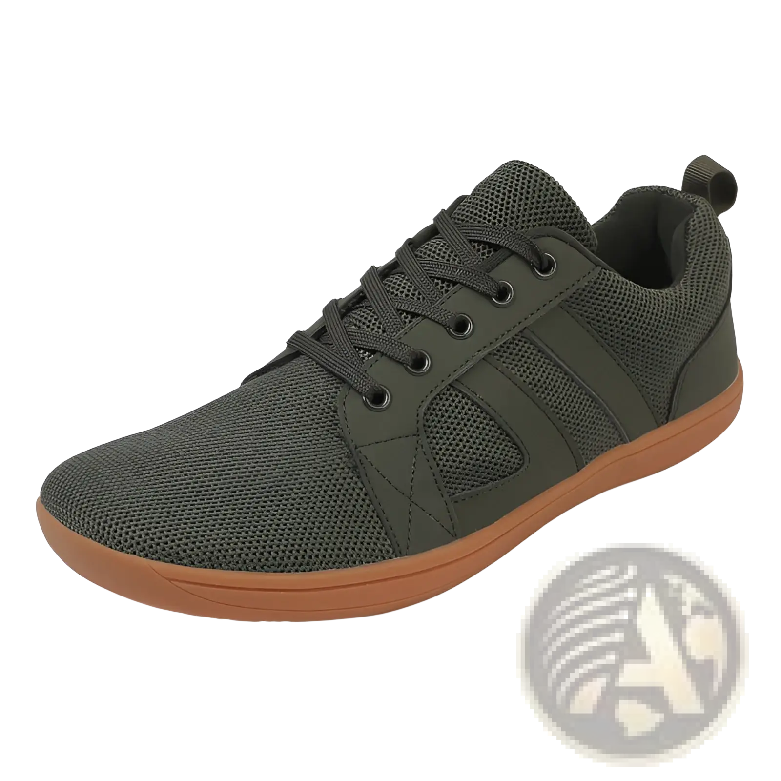 Olive green breathable fly-knit wide last sneaker with tan rubber sole and black laces made of mesh material