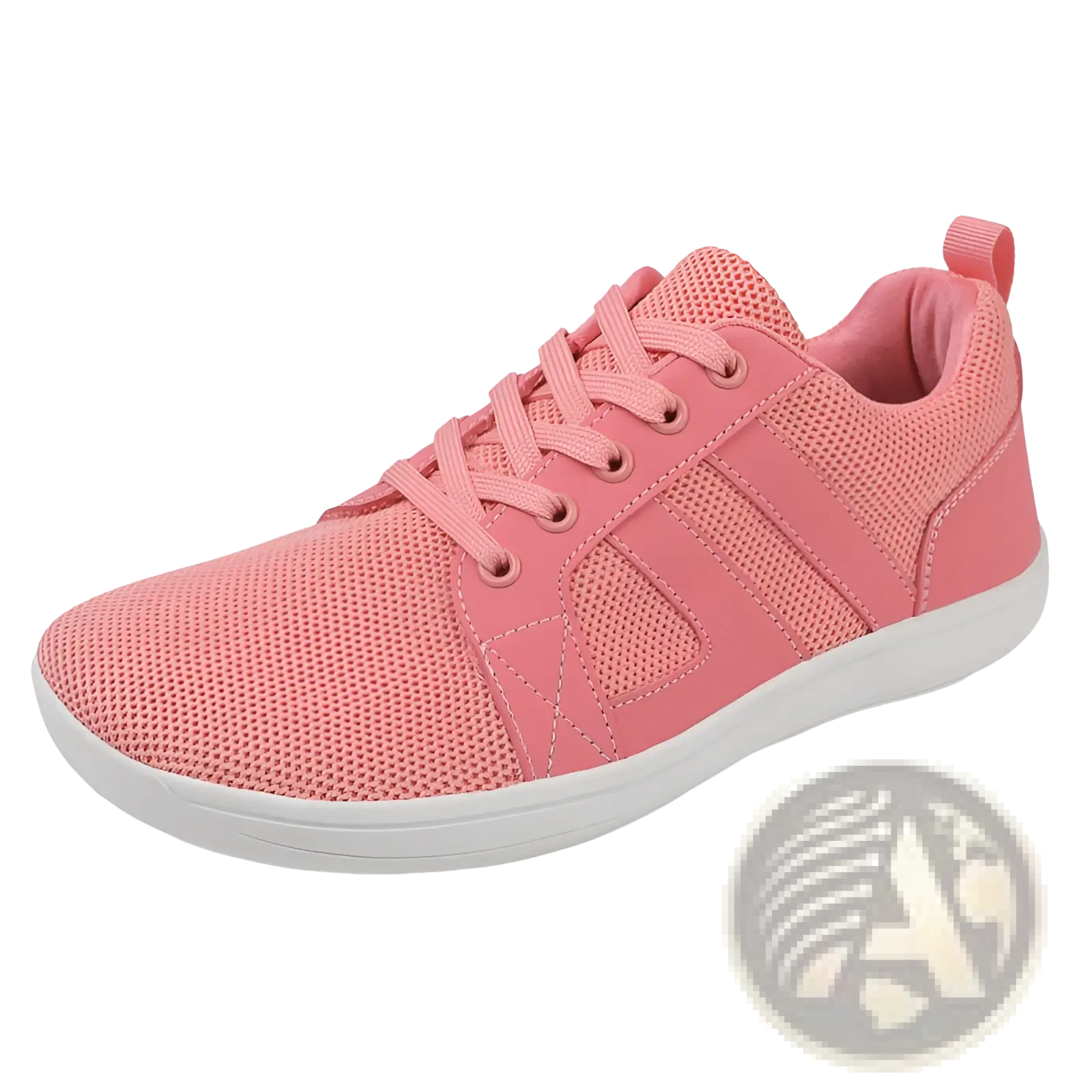 Pink fly-knit wide last sneaker with breathable mesh upper white rubber sole and matching laces for comfort