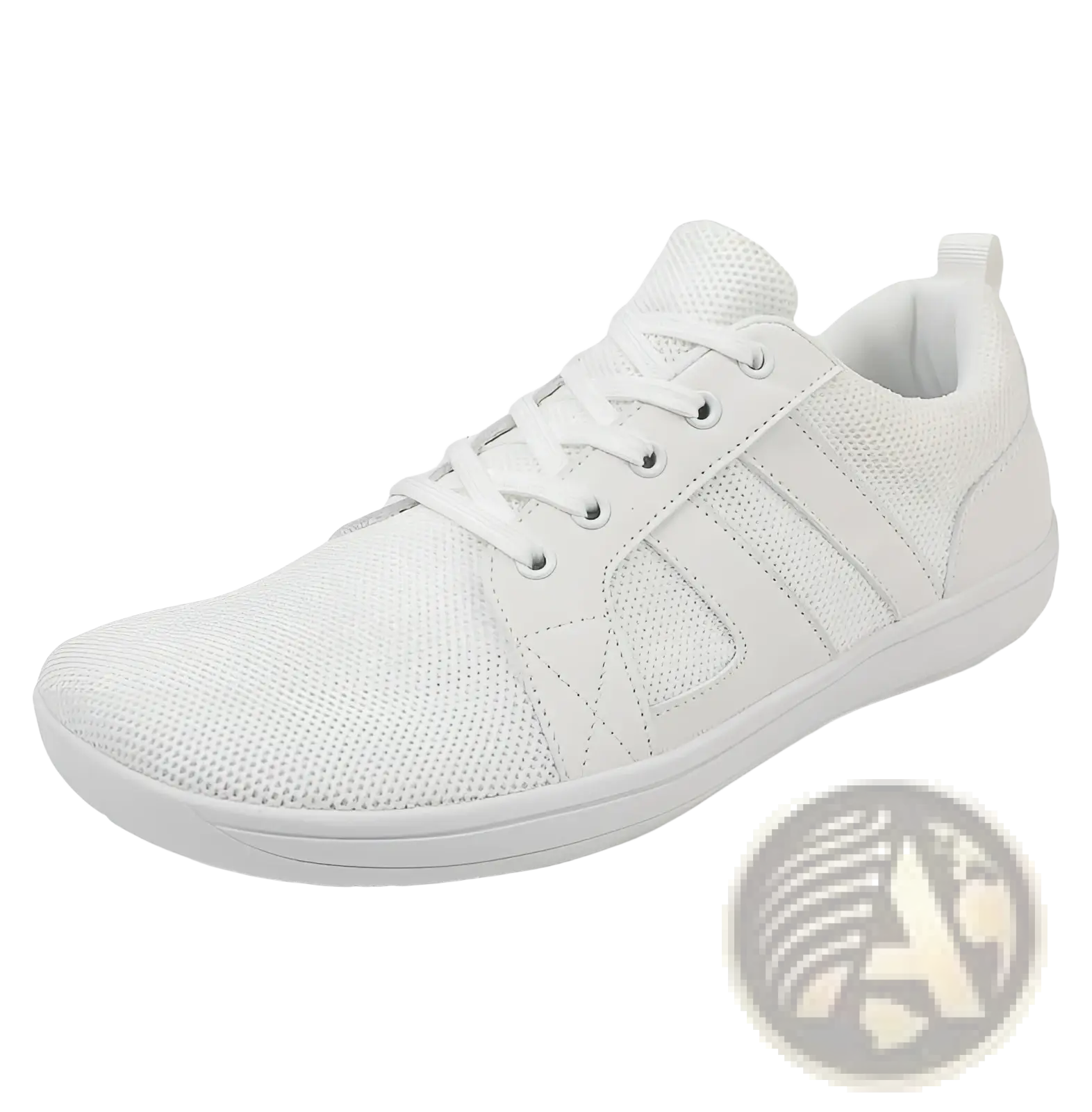 White fly-knit wide last sneaker with breathable mesh material and subtle stitching details in a minimalist design