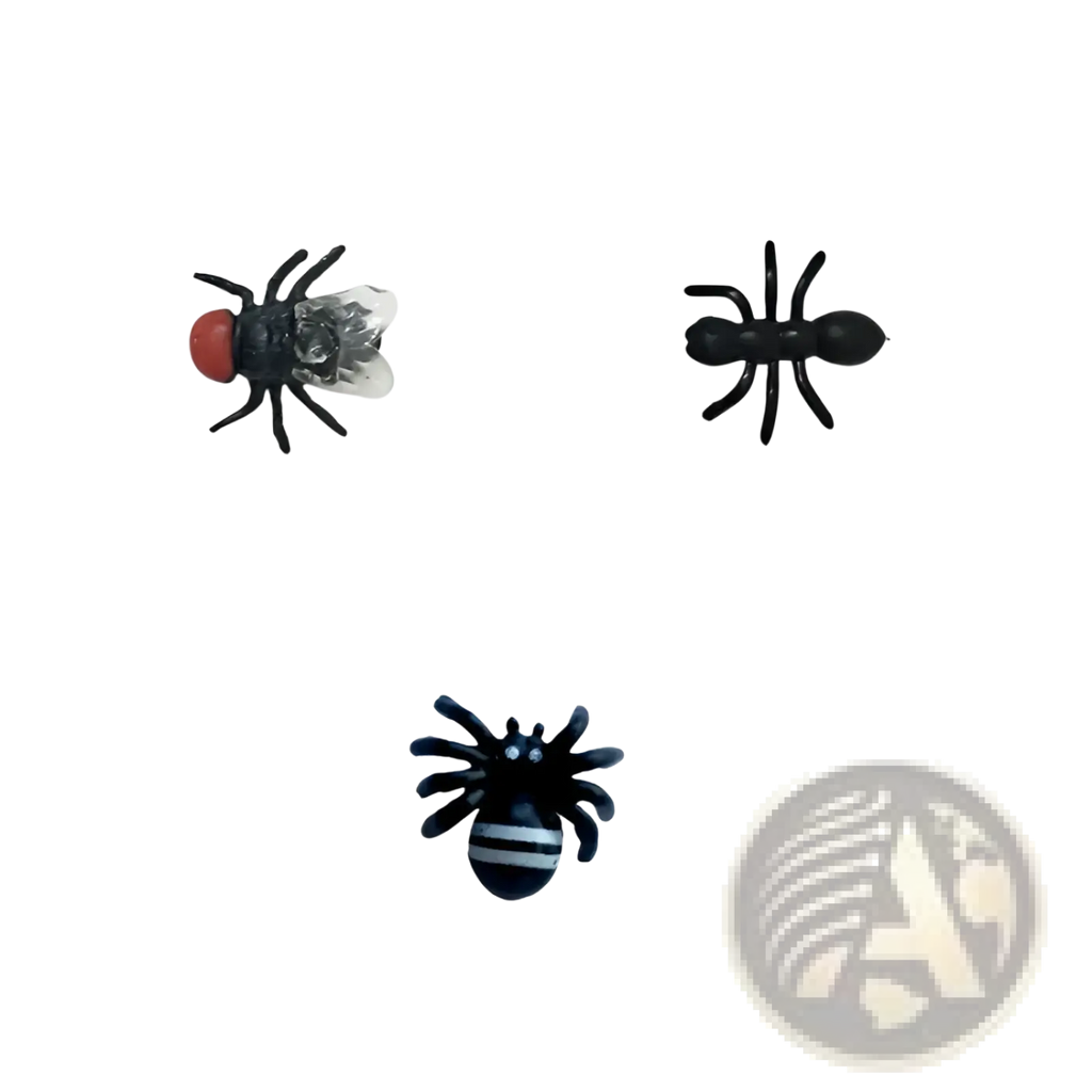 Black plastic insect buttons shaped like a fly with red head, a segmented ant, and a striped spider for kids toy fly model