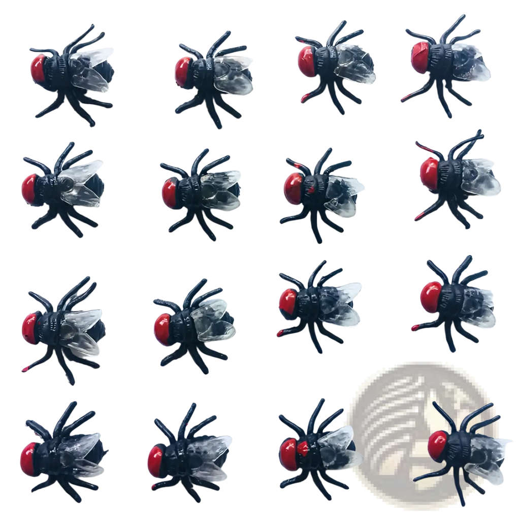 Fly model plastic insect buttons for kids toy featuring black fly-shaped charms with red heads and translucent wings