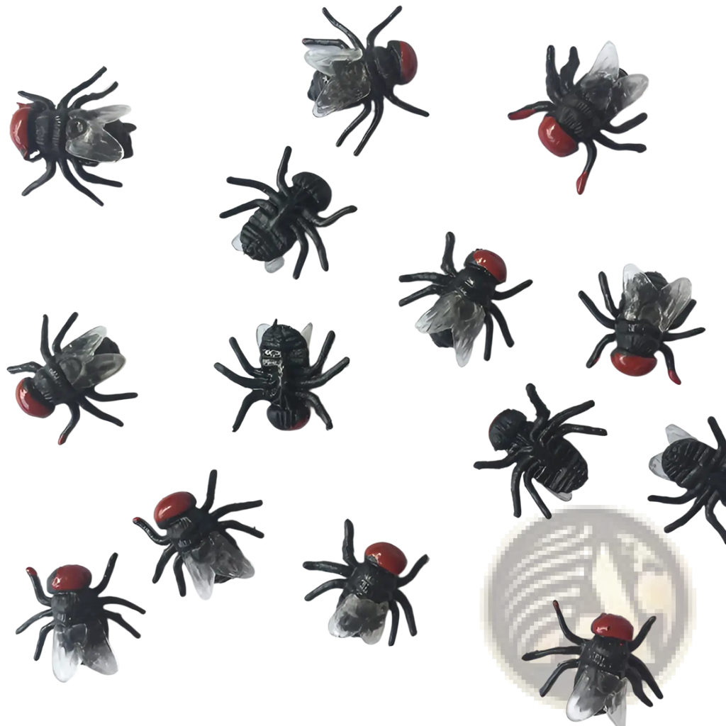 Black plastic fly-shaped insect buttons with red heads and translucent wings for kids toy models