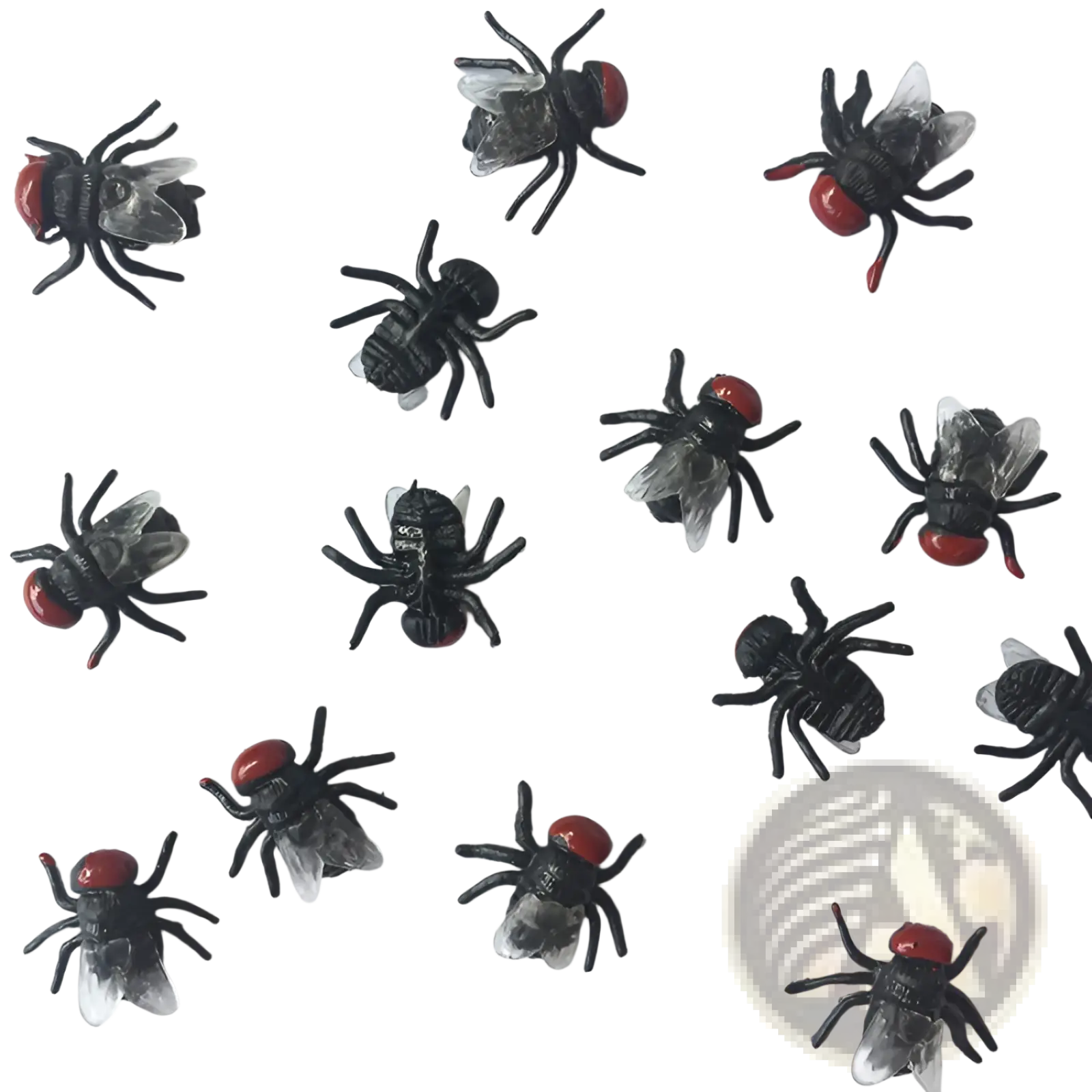 Black plastic fly-shaped insect buttons with red heads and translucent wings for kids toy models
