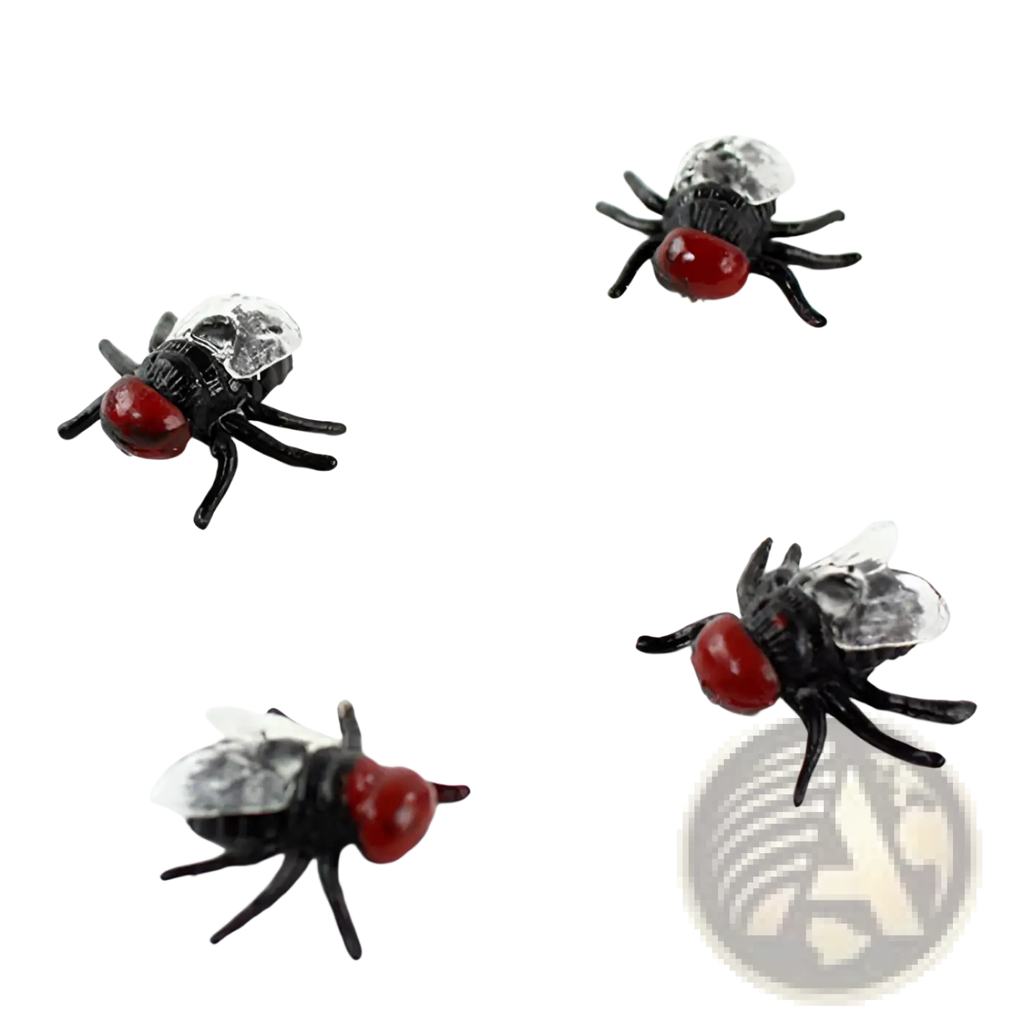 Fly model plastic insect buttons for kids toy featuring black fly charms with red heads and clear wings made of plastic