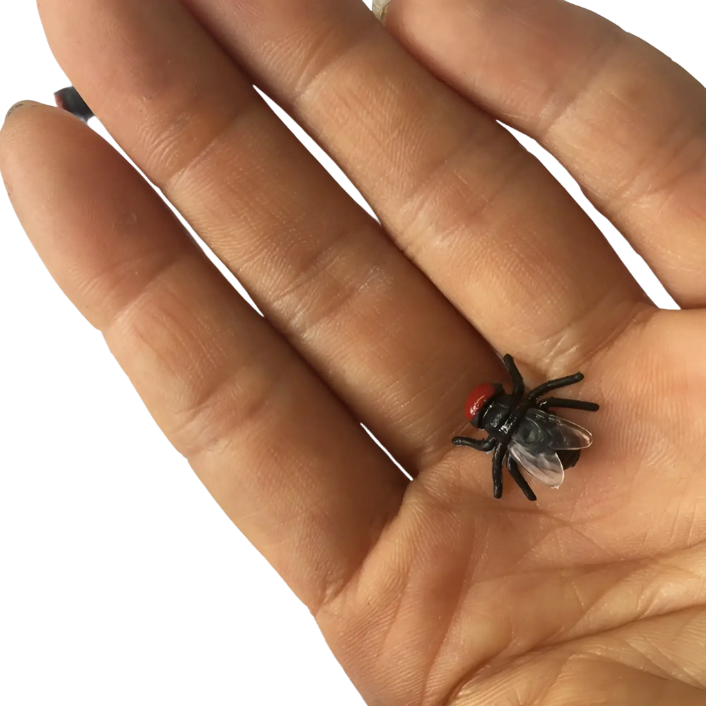 A small black plastic fly model insect button with a red head and translucent wings for kids toy resting on a palm