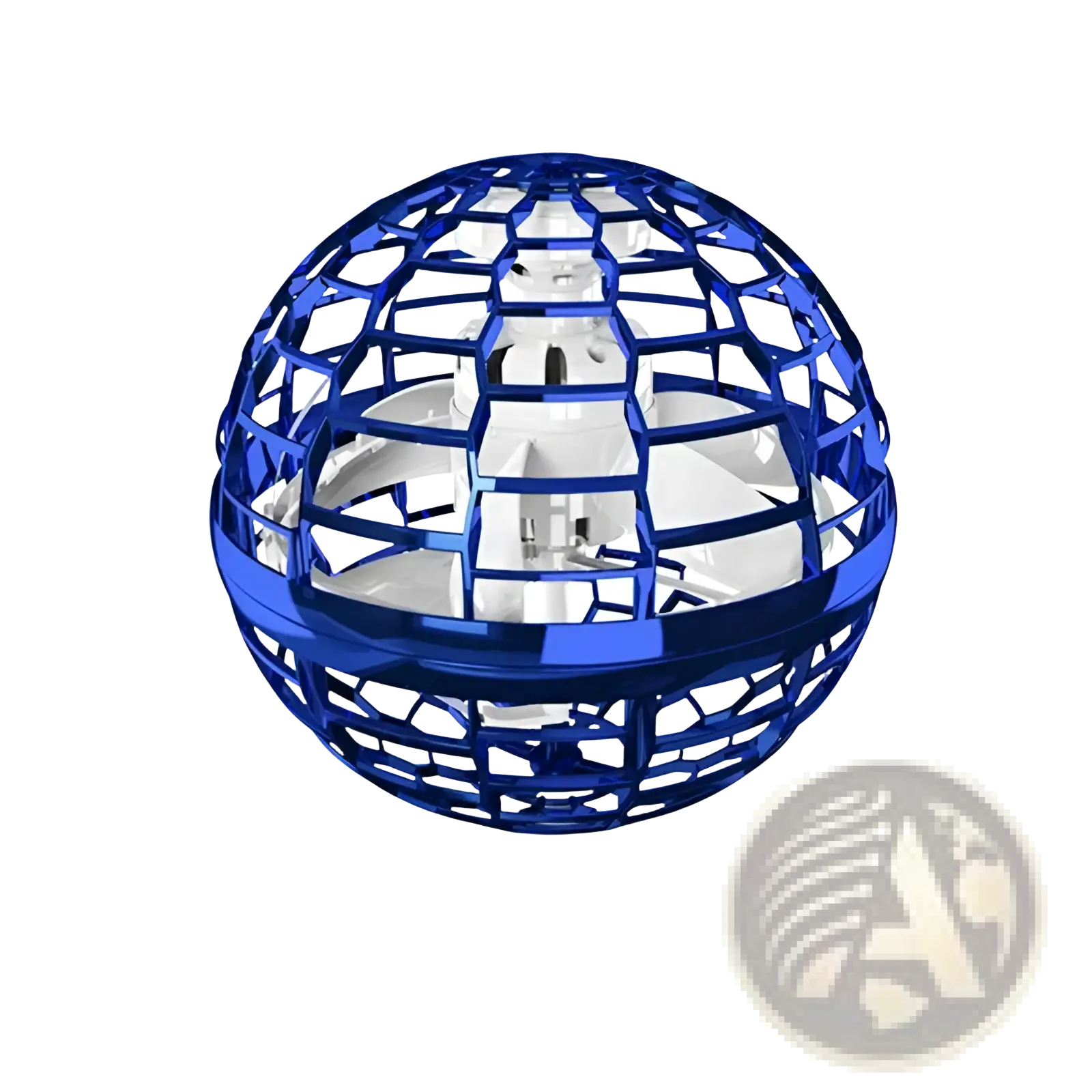 Blue spherical flying ball spinner drone toy for kids 6 plus with geometric lattice frame and white internal components
