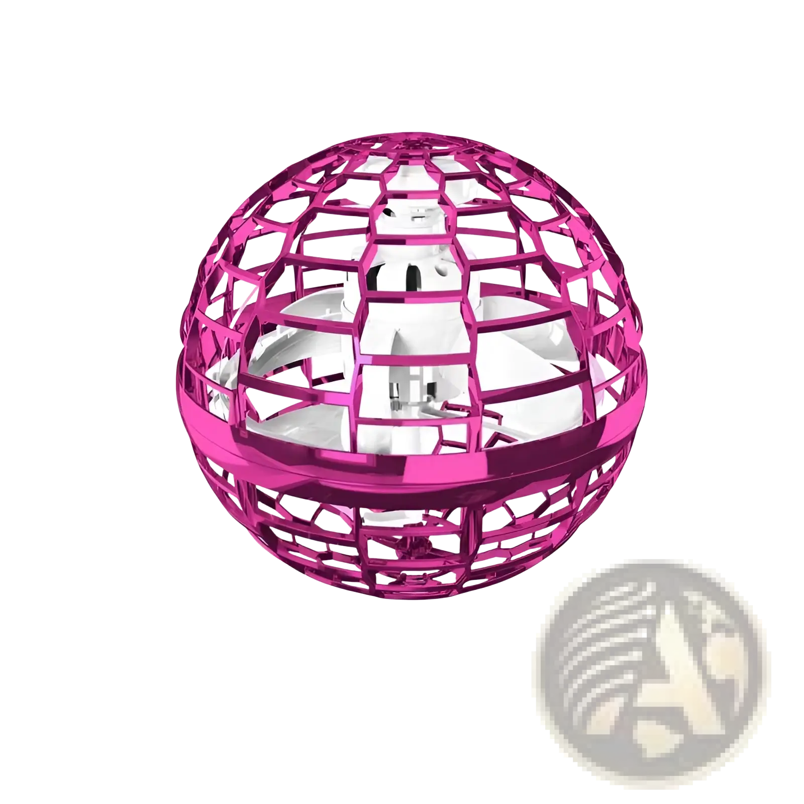 A vibrant pink spherical flying ball spinner drone toy with a geometric lattice frame and visible internal components for kids 6 plus