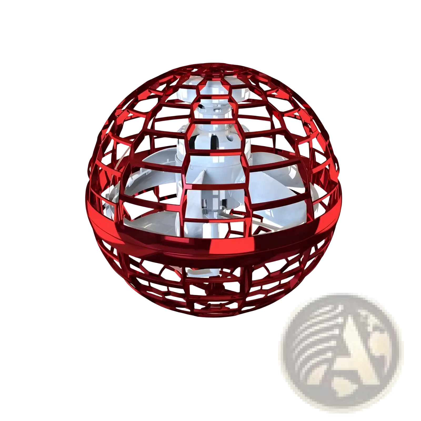 Red metallic flying ball spinner drone toy with lattice design and internal propellers for kids 6 plus