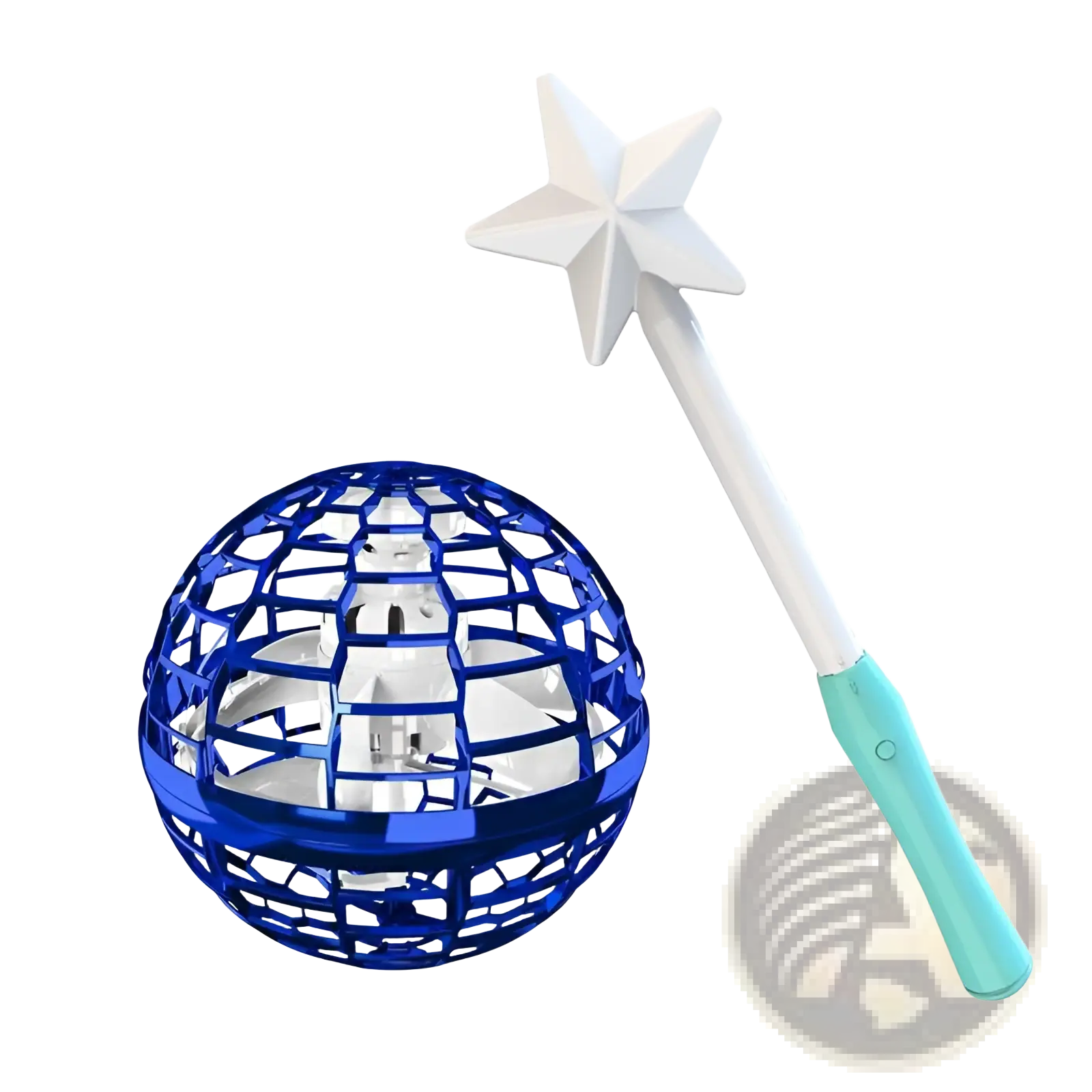 Blue metallic spherical flying ball spinner drone toy for kids 6 plus with a white star-tipped wand beside it