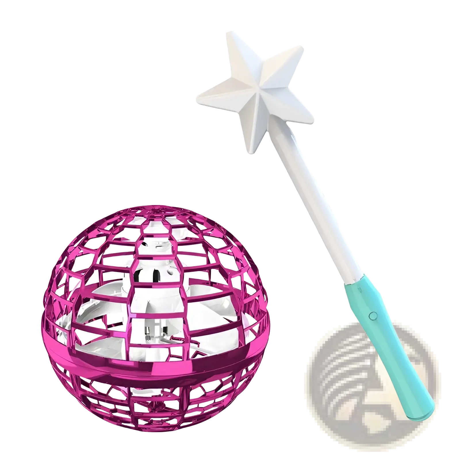 Pink metallic mesh flying ball spinner drone toy for kids 6 plus with a white star tipped wand beside it
