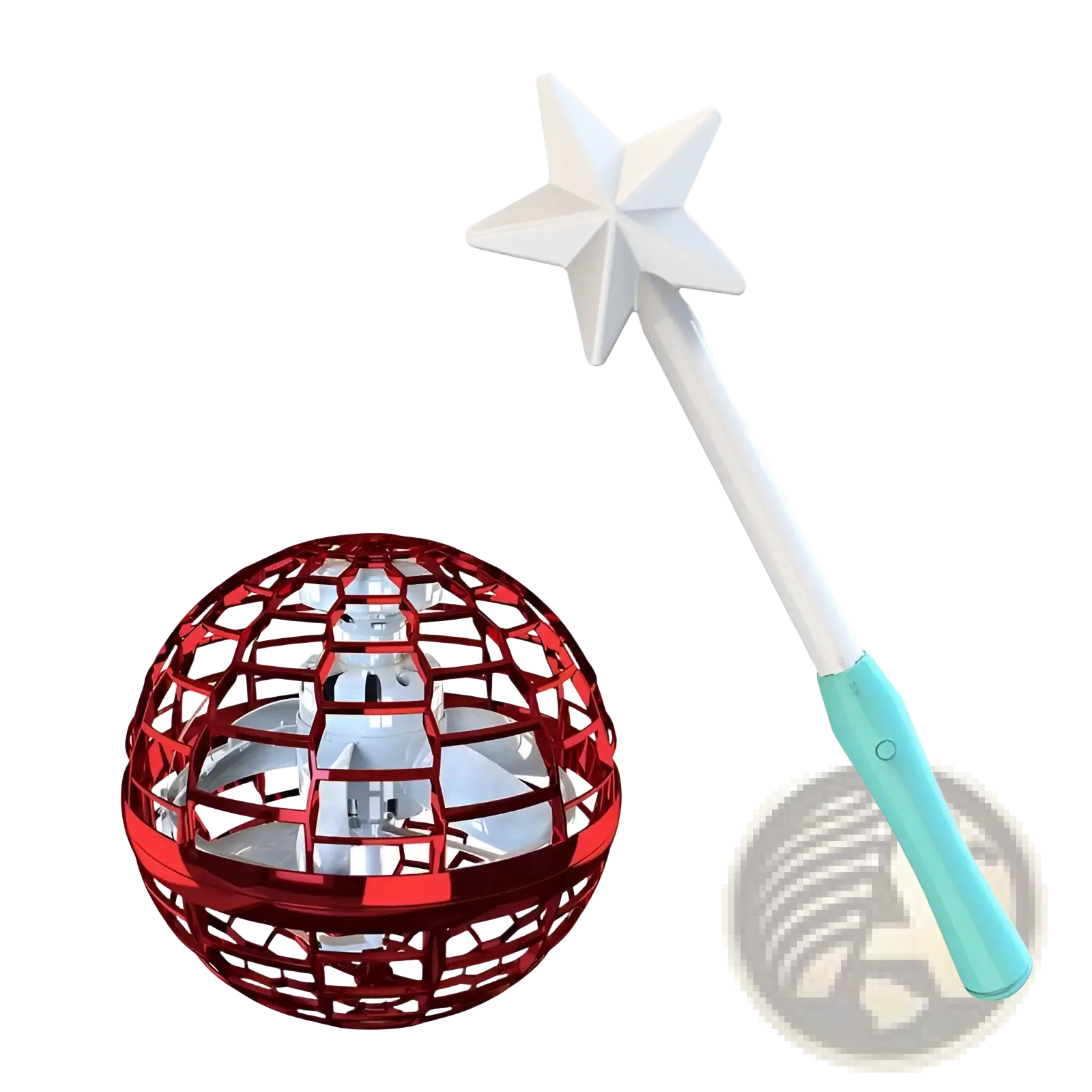 Red metallic spherical flying ball spinner drone toy with star shaped wand for kids 6 plus