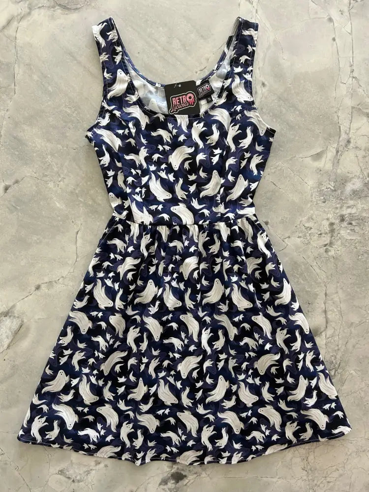 Flying ghosts retro navy cotton fit and flare dress with white ghost print sleeveless fitted bodice and flared skirt