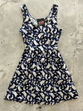 Flying ghosts retro navy cotton fit and flare dress with white ghost print sleeveless fitted bodice and flared skirt