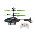 Green and black flying helicopter toy with usb rechargeable feature and a white controller with red and yellow accents