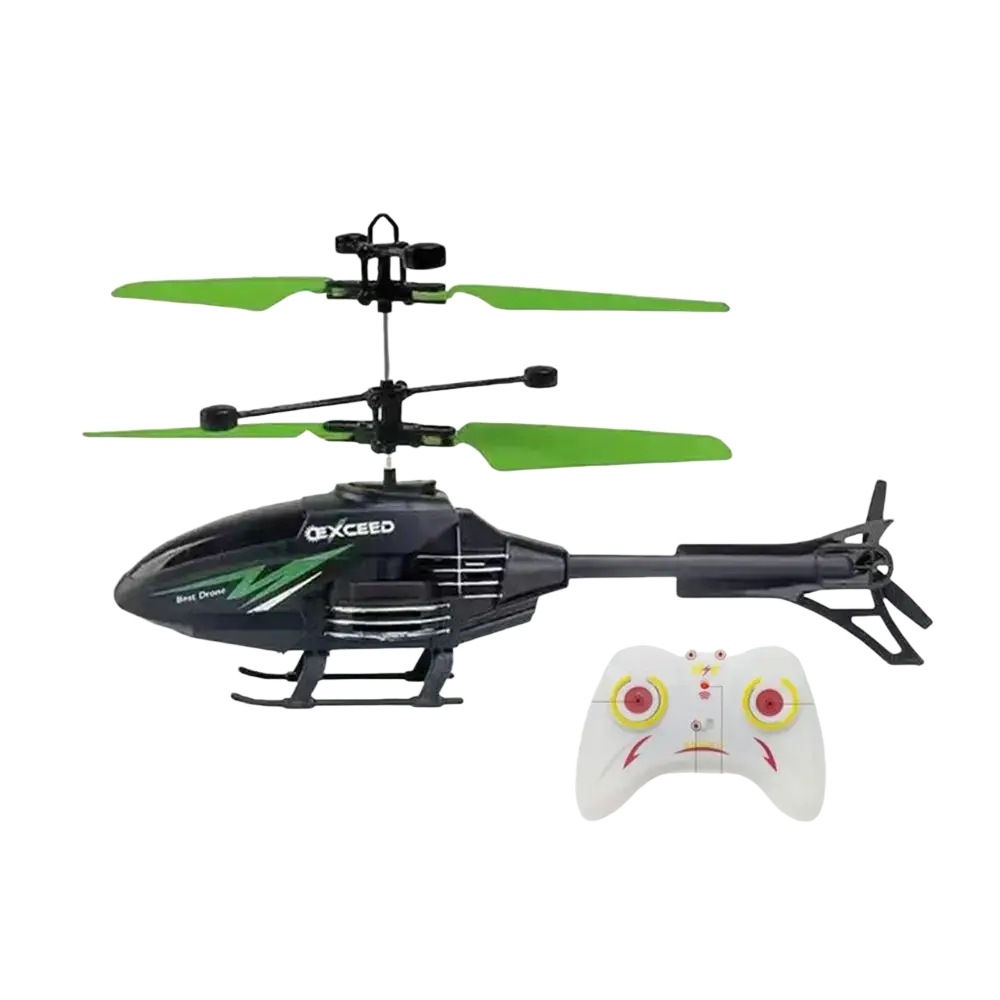 Green and black flying helicopter toy with usb rechargeable feature and a white controller with red and yellow accents