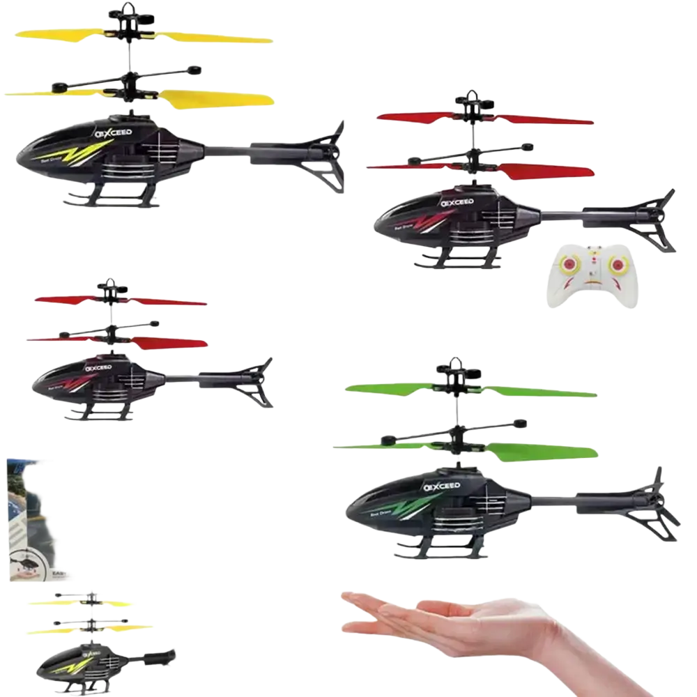 Black and red usb rechargeable flying helicopter toy with colorful yellow red and green rotor blades