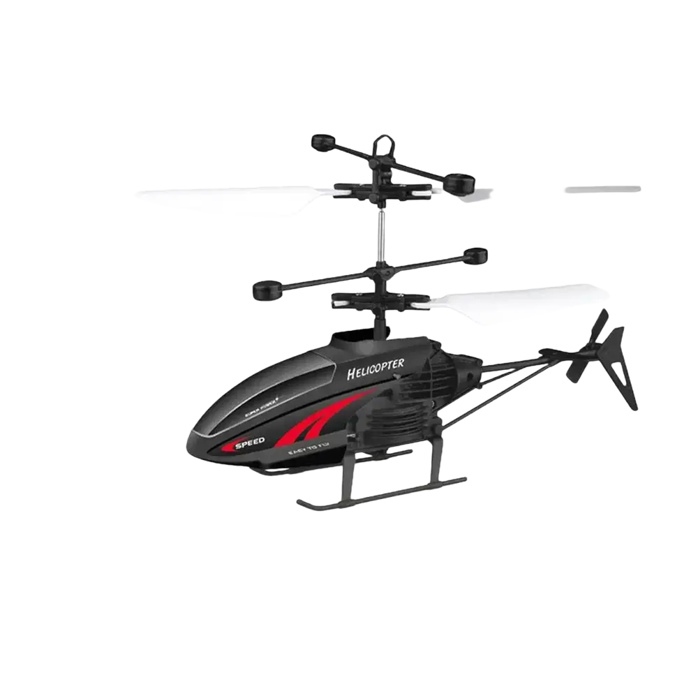 Black and red usb rechargeable flying helicopter toy with transparent blades and remote control features