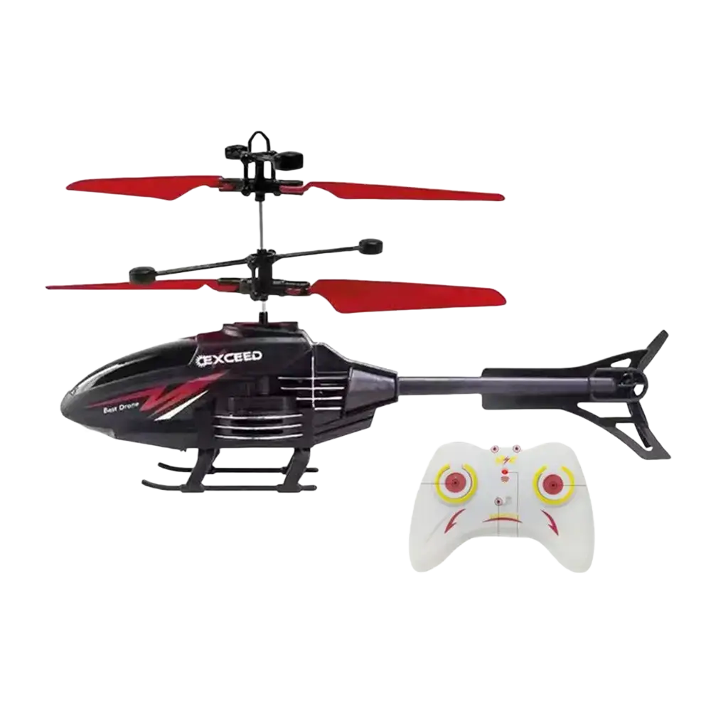 Red and black usb rechargeable flying helicopter toy with white controller featuring red and yellow accents