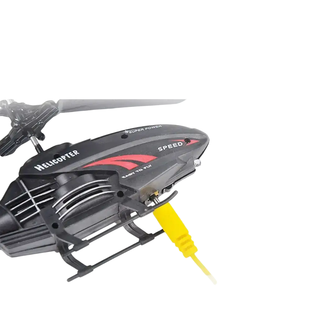 Black and red flying helicopter toy with super power and speed branding usb rechargeable with yellow charging cable plugged in