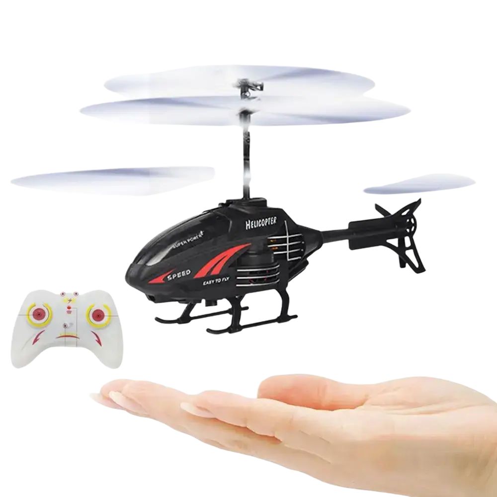 Black and red flying helicopter toy with super power branding hovering above an outstretched hand usb rechargeable